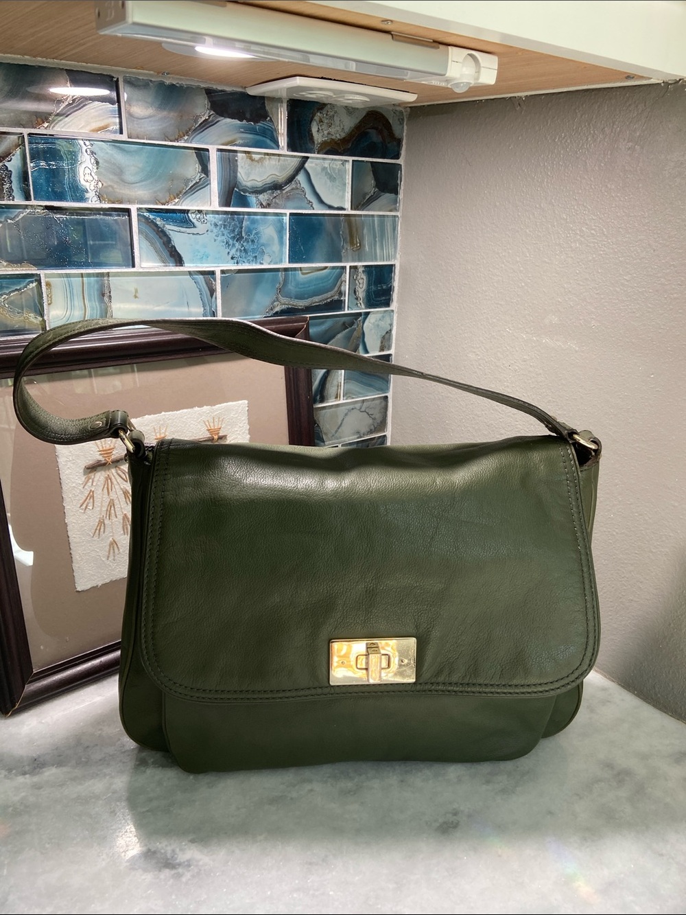 kate spade Olive Green Leather Shoulder Bag with Gold Turn-Lock